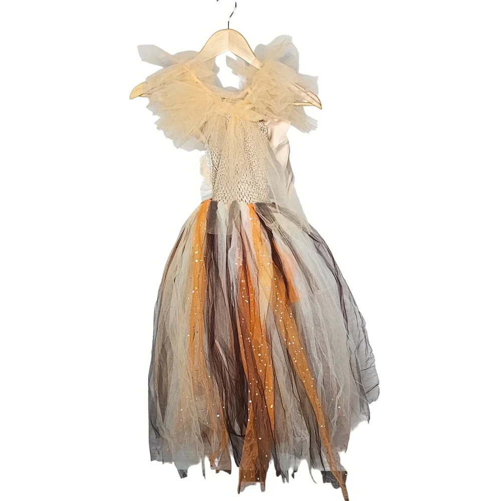 Mia Belle Girls Gold Orange Tulle Tutu Pageant Dress Size 5T Glitter Floral Bows